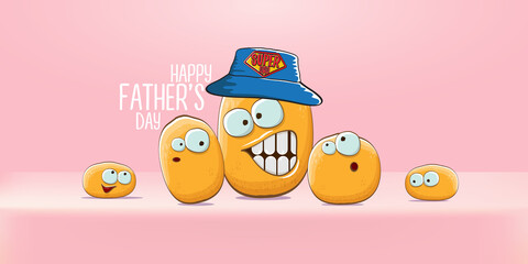happy fathers day horizontal banner with cartoon father potato and son potato. cartoon funny comic fathers day vector label or icon isolated on soft pastel pink background