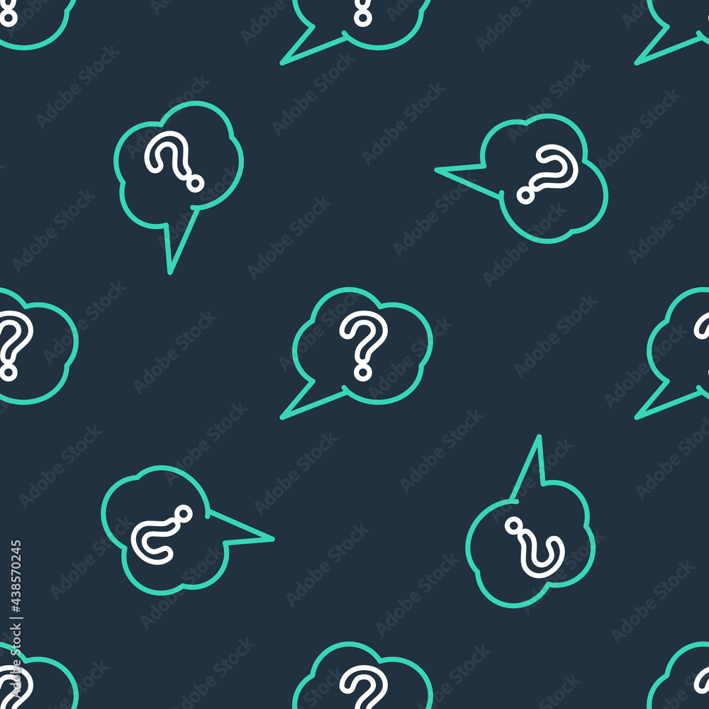 Poster line speech bubble and question icon isolated seamless pattern on black background. faq sign. copy f