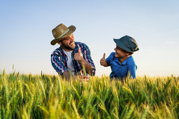 Naklejka na ściany i meble Father and son are standing in their growing wheat field. They are happy because of successful sowing.