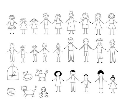 Stick people. Adults, children and pets. Vector illustration in doodle style