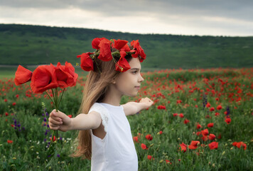Among the spring field.Portrait of a beautiful little girl on the background of a blossomed poppy field