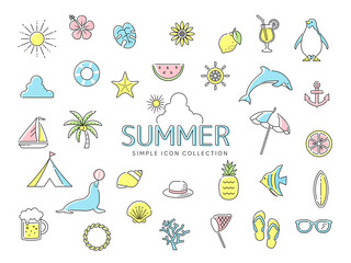 夏のシンプルな線画アイコンセット02 / ビーチ、海、自然、動物、花、果物 / カラフル