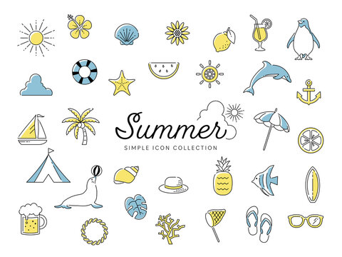夏のシンプルな線画アイコンセット01 / ビーチ、海、自然、動物、花、果物 / 2色