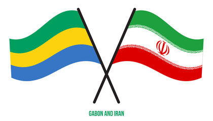 Gabon and Iran Flags Crossed And Waving Flat Style. Official Proportion. Correct Colors.