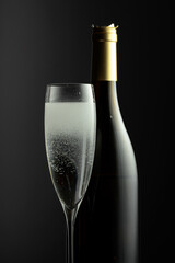 Bottle and glass of champagne on a black background.
