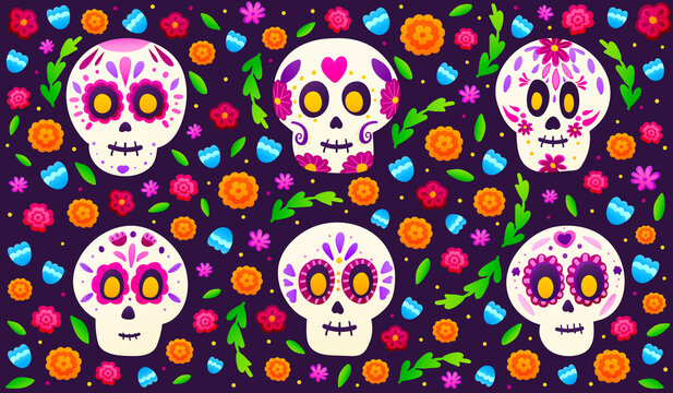 Sugar skulls with colourful flowers on dark background, banner for mexical holiday dia de los muertos in cartoon style, floral ornate with marigolds