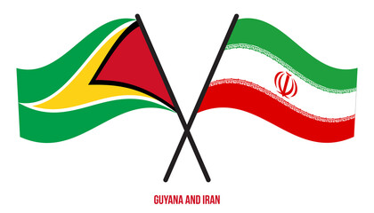 Guyana and Iran Flags Crossed And Waving Flat Style. Official Proportion. Correct Colors.