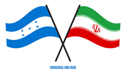 Honduras and Iran Flags Crossed And Waving Flat Style. Official Proportion. Correct Colors.