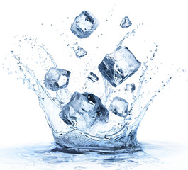 Ice Cubes Fall In Cold Water With Splash - Refreshment Concept