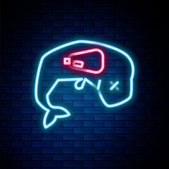 Glowing neon line Environment protection concept whale dead icon isolated on brick wall background. Colorful outline concept. Vector
