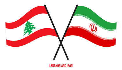 Lebanon and Iran Flags Crossed And Waving Flat Style. Official Proportion. Correct Colors.