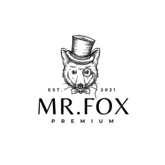 Fox With Hat Monocle Mascot Drawing Logo Vintage Hipster Template Icon Vector 