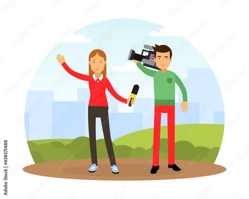 Wall mural female journalist conducting interview on television broadcast reporting news and information vector