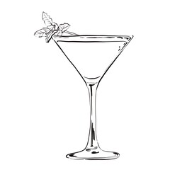 Illustration of martini glass with cocktail in black and white 