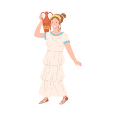 Roman Woman Wearing Long Tunic and Sandals Carrying Greek Ceramic Amphora Vector Illustration