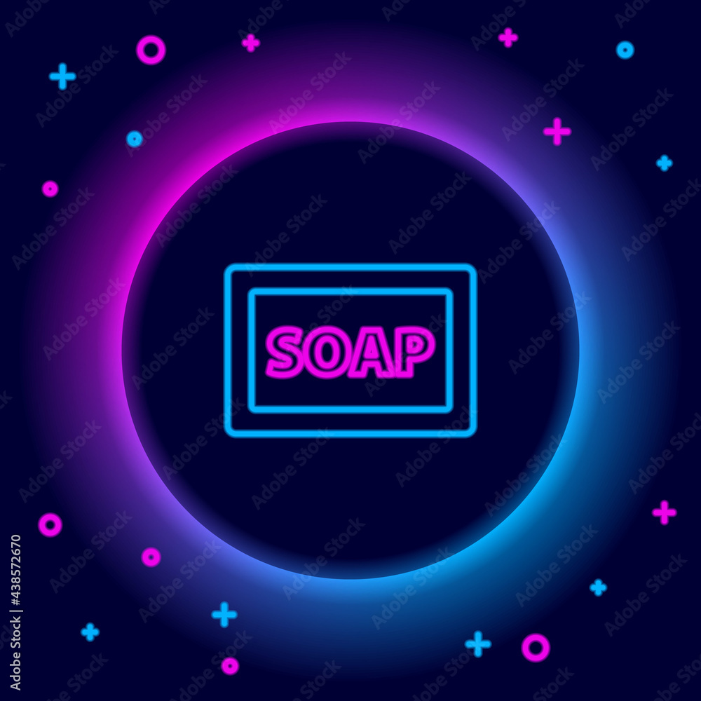 Poster glowing neon line bar of soap with foam icon isolated on black background. soap bar with bubbles. co