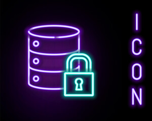 Glowing neon line Server security with closed padlock icon isolated on black background. Security, safety, protection concept. Colorful outline concept. Vector