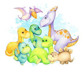 dinosaurs, different colors. Watercolor concept, cartoon style, fictional, prehistoric animals