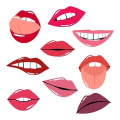 Woman lips. Female sexy red pink and purple lipstick modern collection. Girl lip with makeup, tongue and white teeth, trendy glamour lipsticks. Hand drawn cartoon vector isolated contemporary set