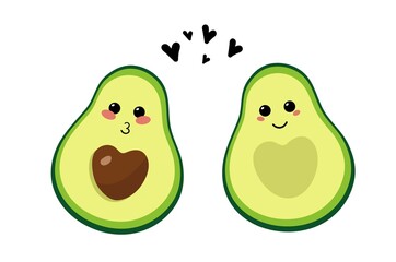 Cute couple of emojis avocado depicting a kiss, smile and hearts. Design for print, postcards. Vector illustration.