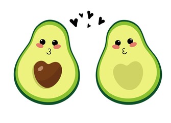Cute couple avocado emoji with kiss image. Design for the decor of postcards. Vector illustration.