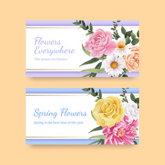 Twitter template with spring flower concept,watercolor style