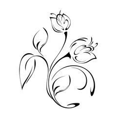 ornament 1807. two stylized flower buds on a curved stem with leaves and curls in black lines on a white background