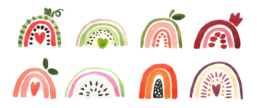 Rainbow watercolor set, isolated on white background. Summer rainbows stylized as fruits: watermelon, papaya, pitahaya, peach, fig, pomegranate, guava, kiwi.
