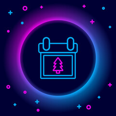 Glowing neon line Calendar with tree icon isolated on black background. Event reminder symbol. Merry Christmas and Happy New Year. Colorful outline concept. Vector