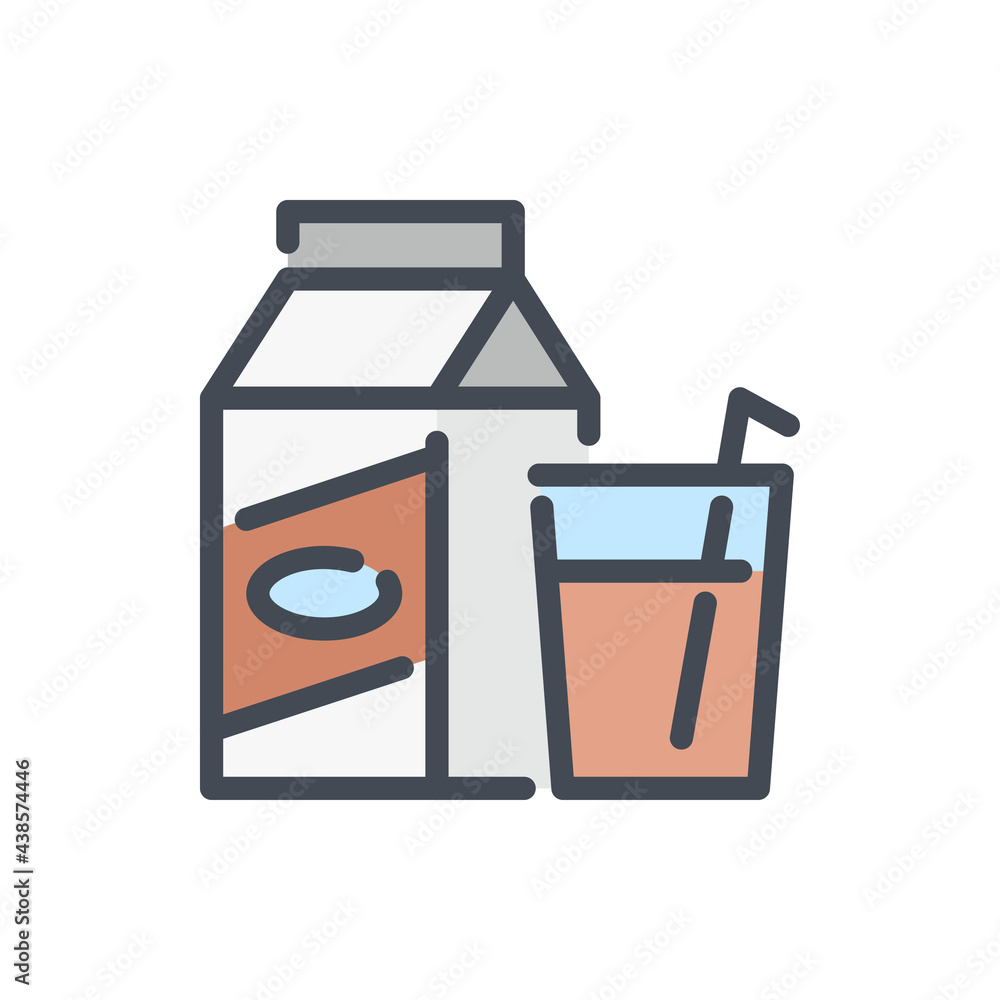 Poster chocolate milk box with glass with straw color line icon. package of cocoa milk vector outline color