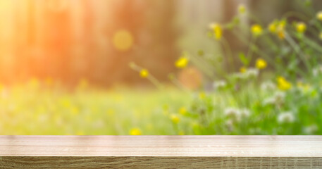 Summer meadow table background. Sunny spring blurred meadow with wooden table background.