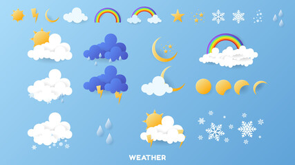 Set weather, clear sky, cloudy sky, rain, rainbow, lightning, moon, cloud, snow, and stars , illustration of the weather concept ,Paper cut style ,Vector illustration EPS 10