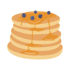 Stack of pancakes with maple syrup and blueberry. Vector illustration of traditional american breakfast. Icon in flat style