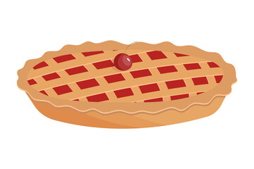 Traditional cherry pie vector illustration. Rustic dessert with jam isolated on white background. Bakery product icon in flat style