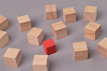 Red wooden cube block standing out from the wooden cube blocks. Dissenting opinion and leadership...