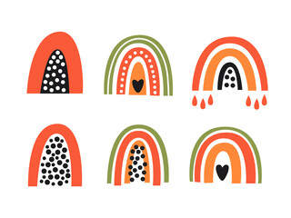 Set abstract colorful rainbows stylized as fruit papaya. Beautiful design for cards, kids print, poster, nursery decoration, logo. Simple flat vector illustration isolated on white background.
