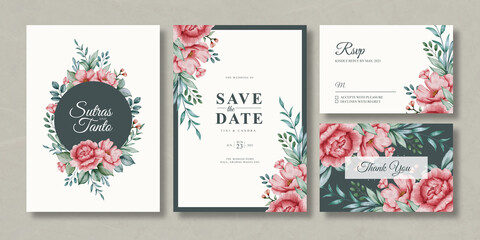 Fototapeta na wymiar Watercolor Floral Wedding Invitation Card Set Template