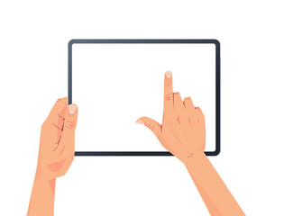 human hands holding tablet pc with blank touch screen using digital device concept isolated horizontal