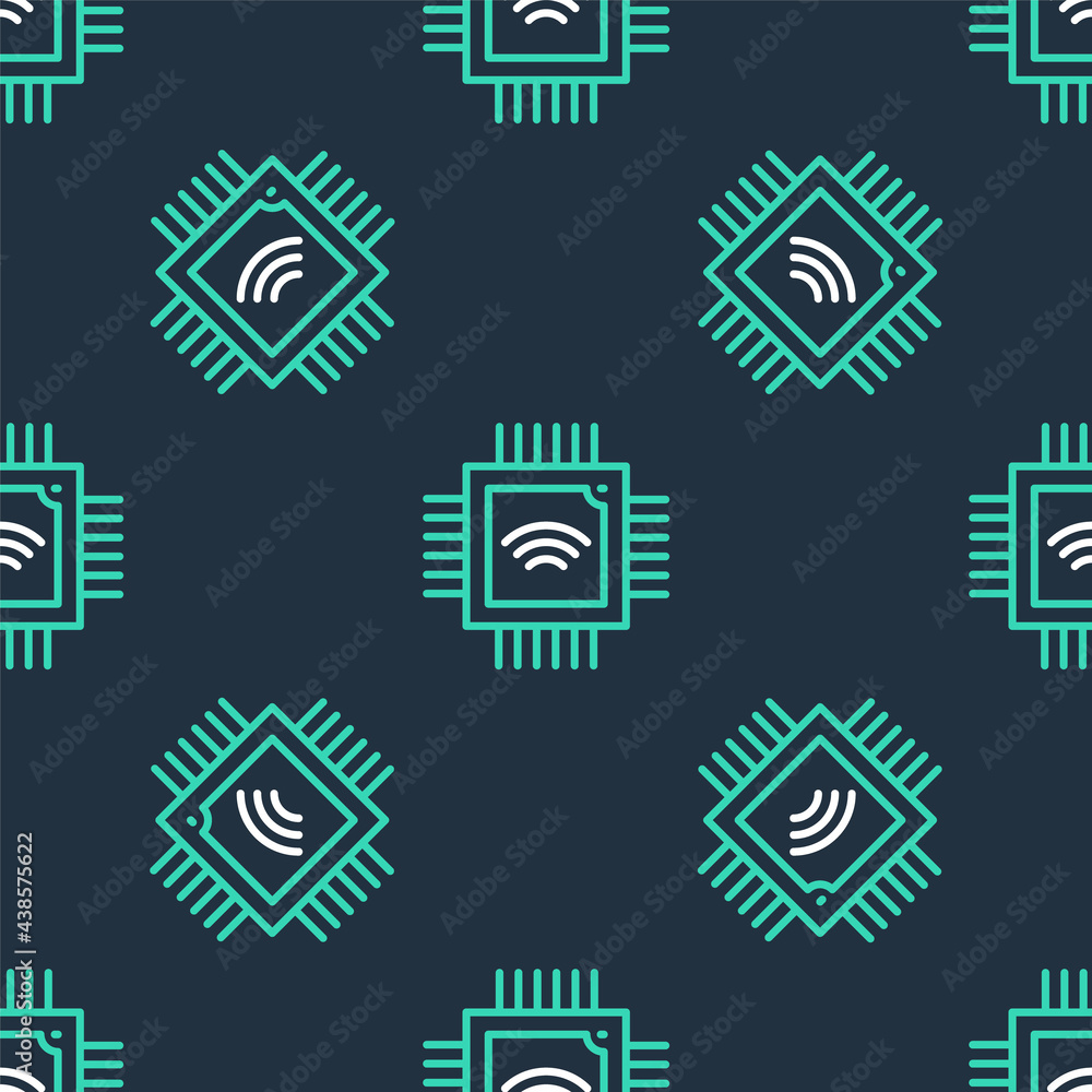 Poster line computer processor with microcircuits cpu icon isolated seamless pattern on black background. c