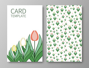 Set of posters, backgrounds with flowers and foliage of tulips. Ornaments and textures from spring flowers. Wreaths, frames with place for text. Cute natural motif for invitations and cards. Vector.