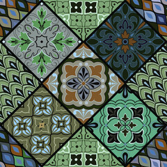 Colorful floral seamless hand drawn ornamental east pattern in patchwork boho chic style from rhomb, in portuguese and moroccan motif