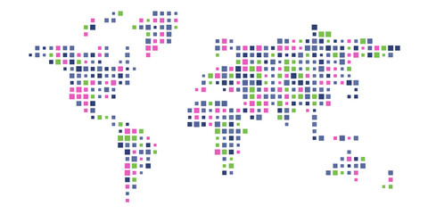 Colorful world map mosaic of small squares. Vector illustration.