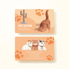 Name card template with cute cat concept watercolor illustration