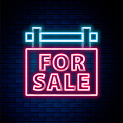 Fototapeta na wymiar Glowing neon line Hanging sign with text For Sale icon isolated on brick wall background. Signboard with text For Sale. Colorful outline concept. Vector