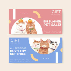 Voucher template with cute cat concept watercolor illustration