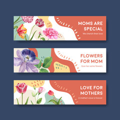 Naklejka premium Banner template with Happy mothers day concept watercolor illustration