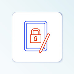 Line Graphic tablet with closed padlock icon isolated on white background. Phone with lock. Mobile security, safety, protection concept. Colorful outline concept. Vector