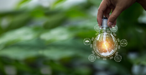 hand holding light bulb against nature, icons energy sources for renewable,
