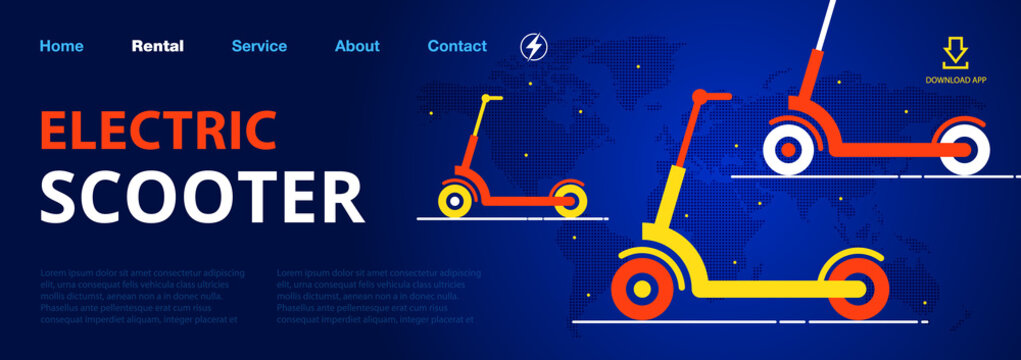 Website template for rental or maintenance and repair of electric scooters. Vector, illustration