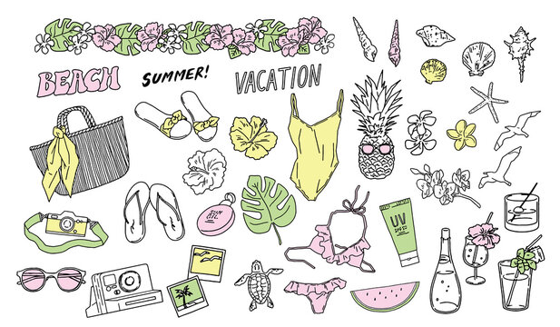 Summertime beach motifs vector line illustrations. 夏のビーチの小物 ベクターイラストセット